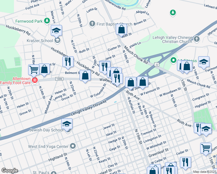 map of restaurants, bars, coffee shops, grocery stores, and more near 1972 Grove Street in Allentown