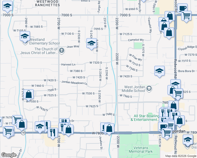 map of restaurants, bars, coffee shops, grocery stores, and more near 7436 South 2345 West in West Jordan