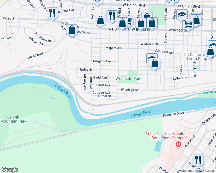map of restaurants, bars, coffee shops, grocery stores, and more near 1501 Elliott Avenue in Bethlehem