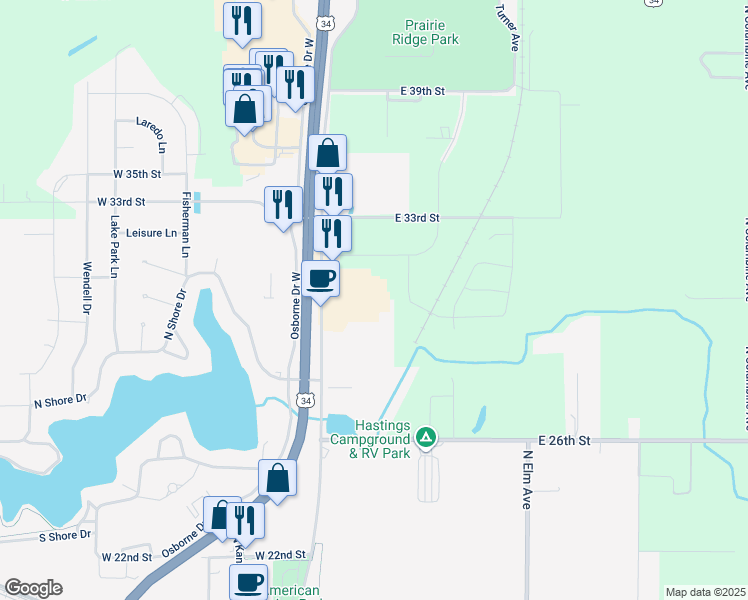 map of restaurants, bars, coffee shops, grocery stores, and more near 3000 Osborne Drive East in Hastings