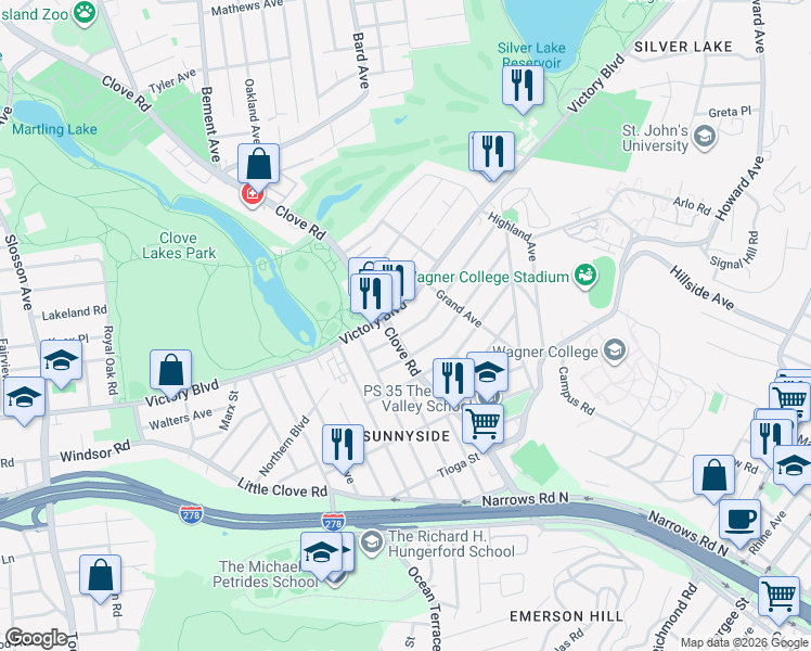 map of restaurants, bars, coffee shops, grocery stores, and more near in Staten Island