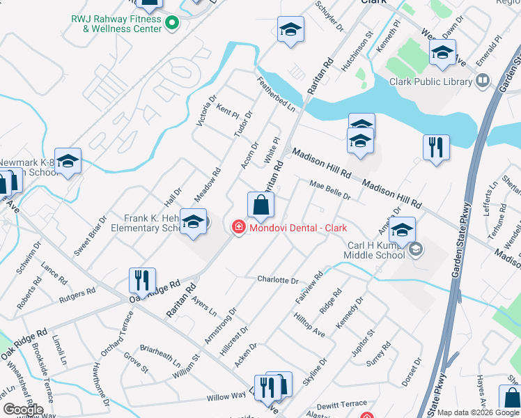 map of restaurants, bars, coffee shops, grocery stores, and more near 90 Thomas Drive in Clark