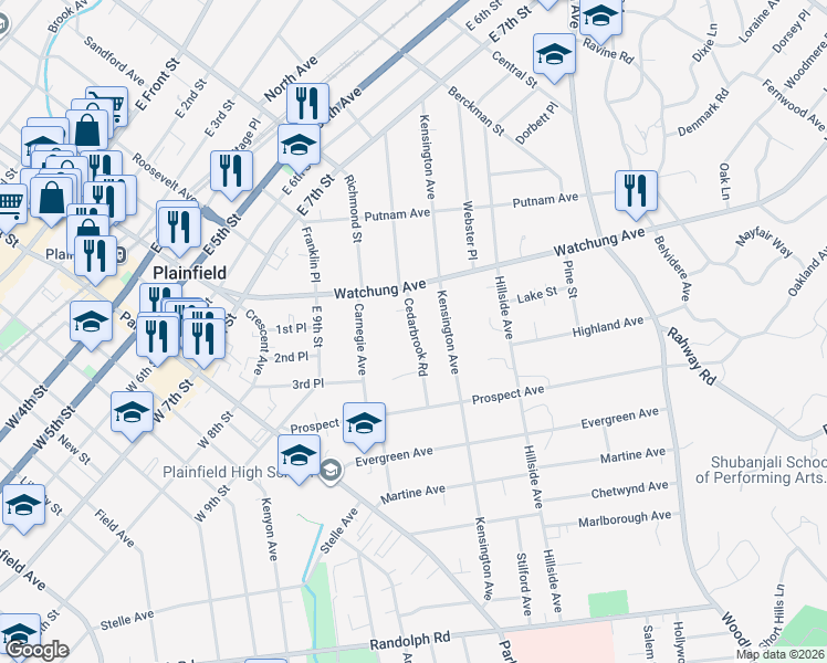 map of restaurants, bars, coffee shops, grocery stores, and more near 944 Cedarbrook Road in Plainfield