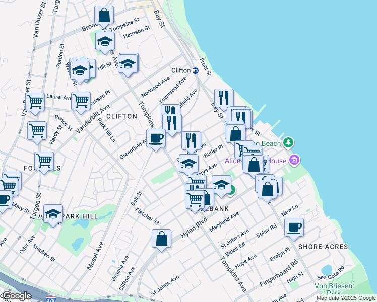 map of restaurants, bars, coffee shops, grocery stores, and more near 95 Saint Marys Avenue in Staten Island