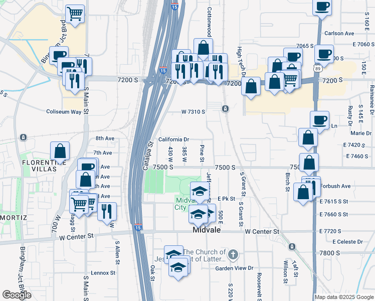map of restaurants, bars, coffee shops, grocery stores, and more near 7427 Elm Street in Midvale