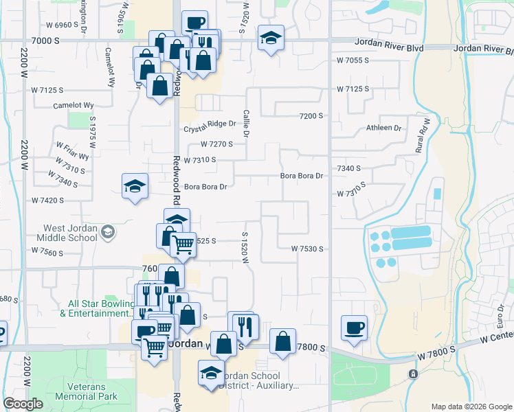 map of restaurants, bars, coffee shops, grocery stores, and more near 7432 Paisley Way in West Jordan