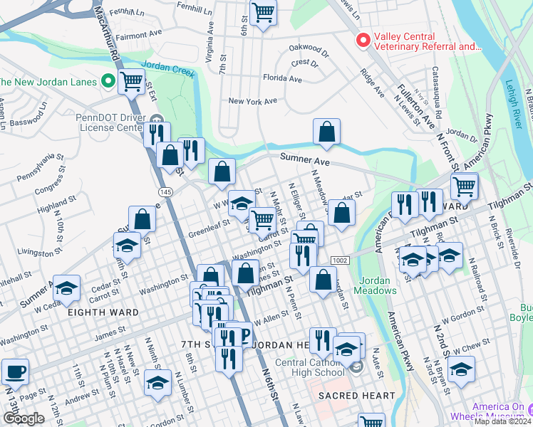 map of restaurants, bars, coffee shops, grocery stores, and more near 436 Greenleaf Street in Allentown