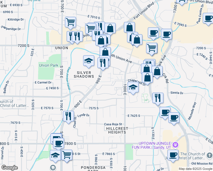 map of restaurants, bars, coffee shops, grocery stores, and more near 909 Ridge Hill Lane in Midvale