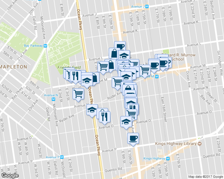 map of restaurants, bars, coffee shops, grocery stores, and more near 1378 East 8th Street in Brooklyn