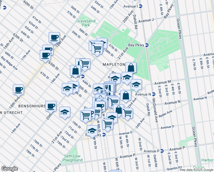 map of restaurants, bars, coffee shops, grocery stores, and more near 2146 63rd Street in Brooklyn