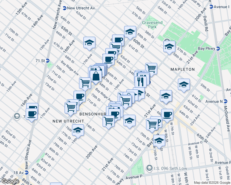 map of restaurants, bars, coffee shops, grocery stores, and more near 1934 68th Street in Brooklyn