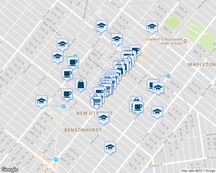 map of restaurants, bars, coffee shops, grocery stores, and more near 7101 18th Avenue in Brooklyn