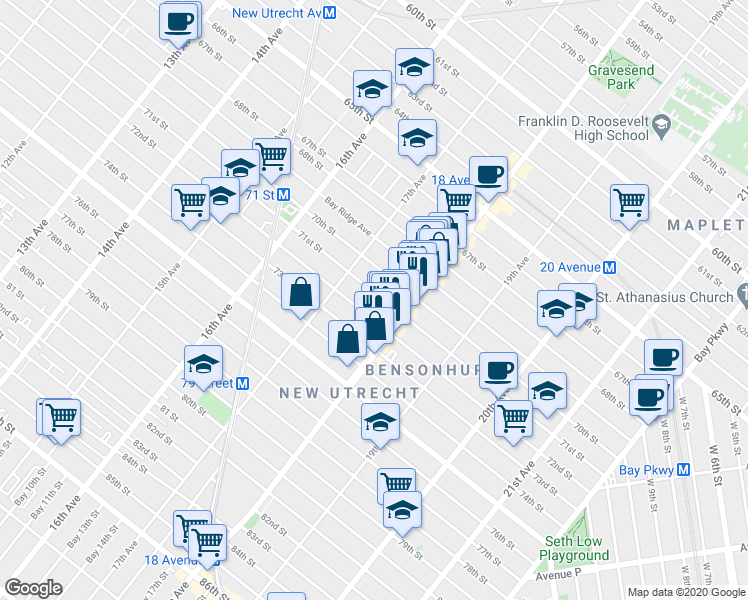map of restaurants, bars, coffee shops, grocery stores, and more near 1768 72nd Street in Brooklyn