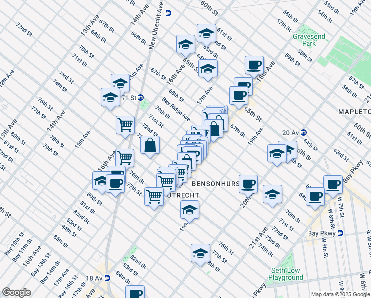 map of restaurants, bars, coffee shops, grocery stores, and more near 1768 72nd Street in Brooklyn