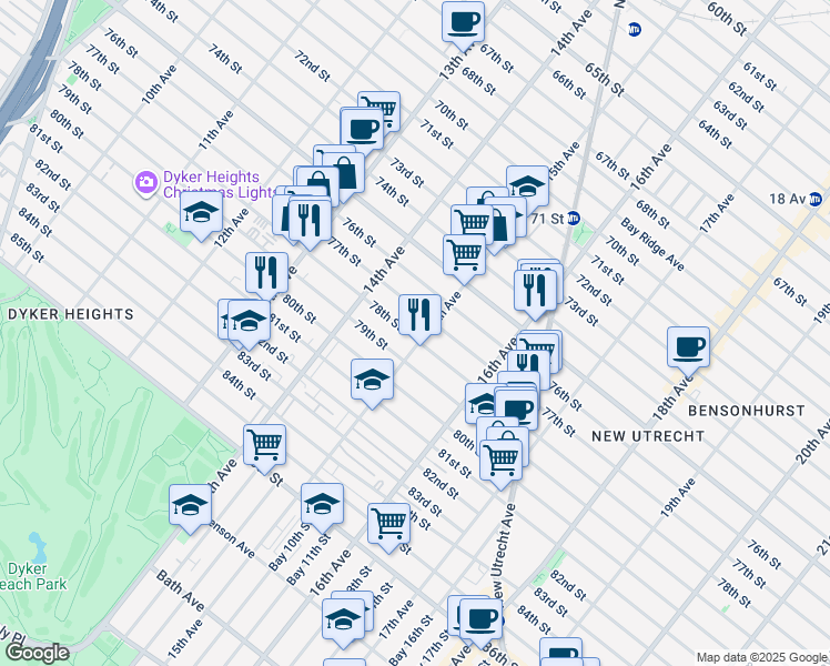 map of restaurants, bars, coffee shops, grocery stores, and more near 7824 15th Avenue in Brooklyn