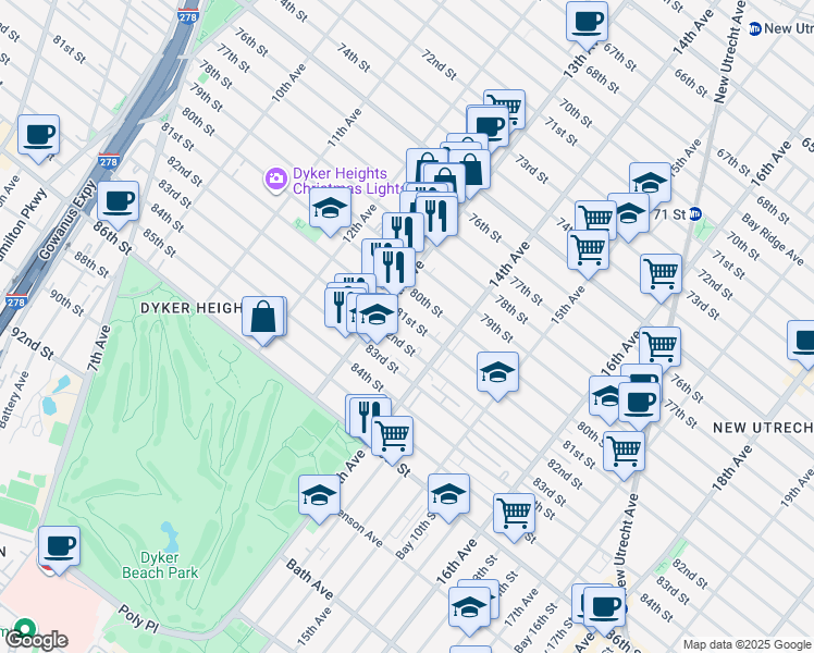 map of restaurants, bars, coffee shops, grocery stores, and more near 1359 82nd Street in Brooklyn