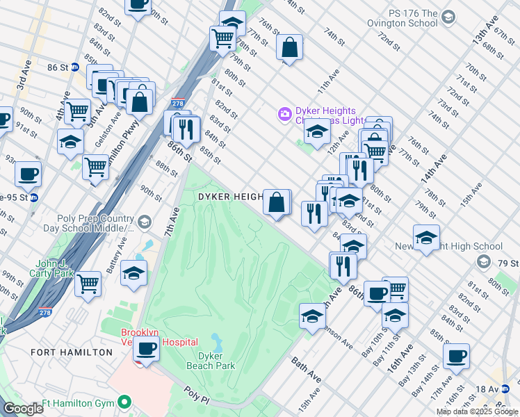 map of restaurants, bars, coffee shops, grocery stores, and more near 1020 86th Street in Brooklyn