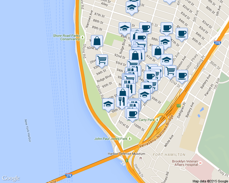 map of restaurants, bars, coffee shops, grocery stores, and more near 167 98th Street in Brooklyn