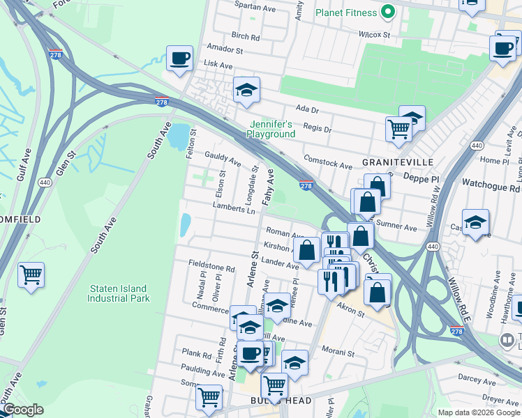 map of restaurants, bars, coffee shops, grocery stores, and more near 67 Roman Avenue in Staten Island