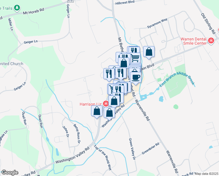 map of restaurants, bars, coffee shops, grocery stores, and more near 47-61 County Road 527 in Warren