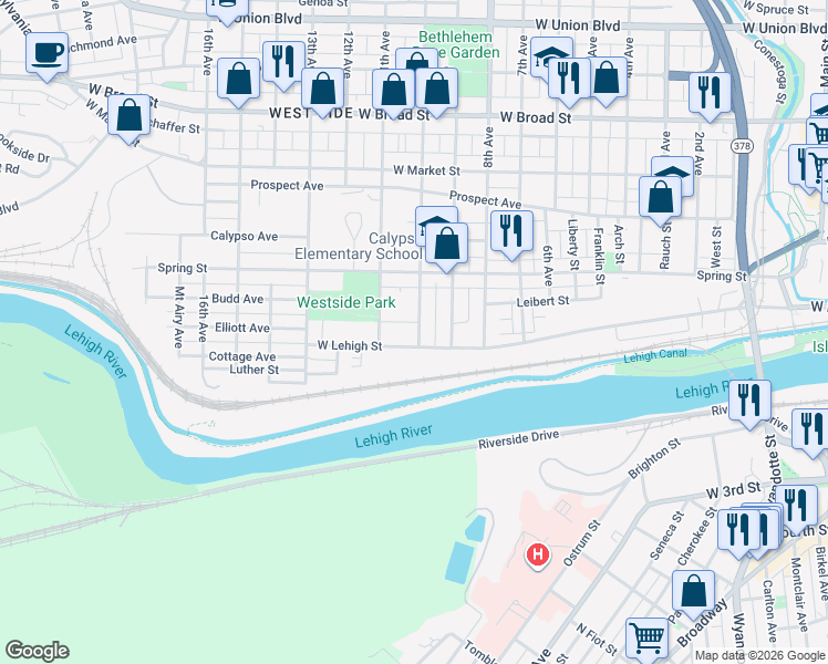 map of restaurants, bars, coffee shops, grocery stores, and more near 1028 West Lehigh Street in Bethlehem