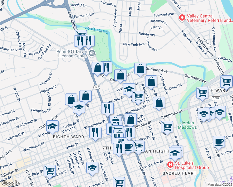 map of restaurants, bars, coffee shops, grocery stores, and more near 849 North 6th Street in Allentown