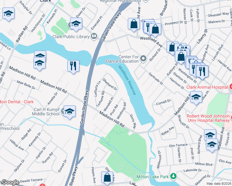 map of restaurants, bars, coffee shops, grocery stores, and more near 64 Post Road in Clark