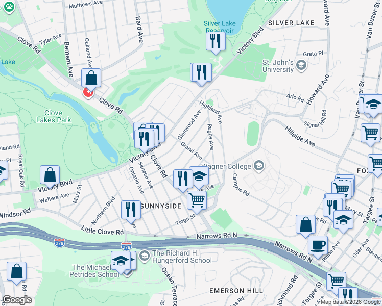 map of restaurants, bars, coffee shops, grocery stores, and more near 70 Grand Avenue in Staten Island