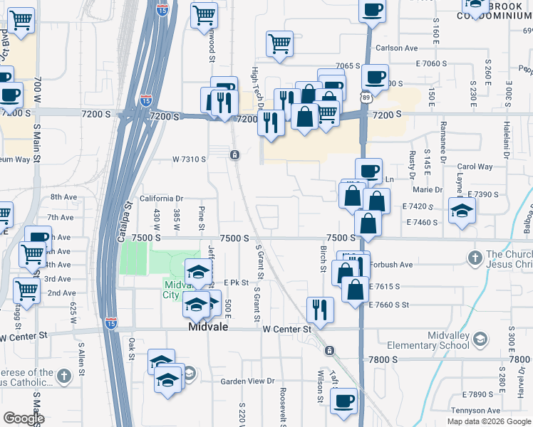 map of restaurants, bars, coffee shops, grocery stores, and more near 150 West 7500 South in Midvale