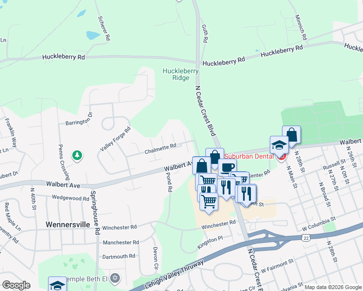 map of restaurants, bars, coffee shops, grocery stores, and more near 3452 Colonial Court in Allentown