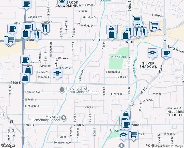 map of restaurants, bars, coffee shops, grocery stores, and more near 7432 Green Berry Court in Midvale