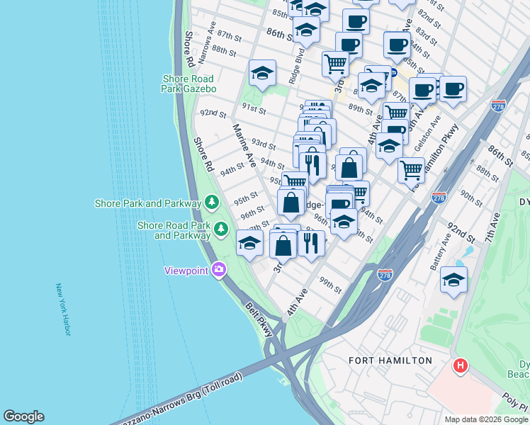 map of restaurants, bars, coffee shops, grocery stores, and more near 215 96th Street in Brooklyn