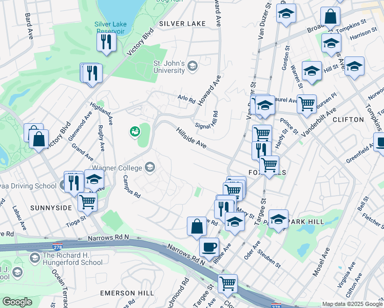 map of restaurants, bars, coffee shops, grocery stores, and more near 116 Hillside Avenue in Staten Island