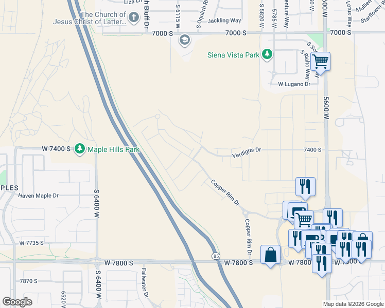 map of restaurants, bars, coffee shops, grocery stores, and more near 6059 West Olivine River Lane in West Jordan