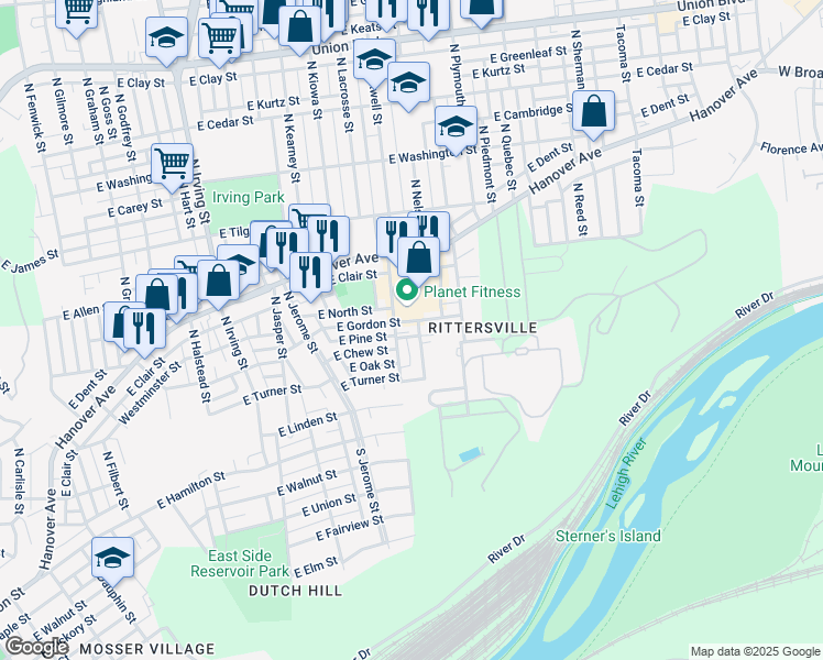 map of restaurants, bars, coffee shops, grocery stores, and more near 414 North Maxwell Street in Allentown