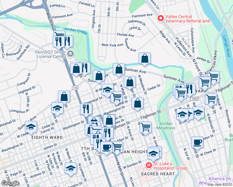 map of restaurants, bars, coffee shops, grocery stores, and more near 442 Greenleaf Street in Allentown