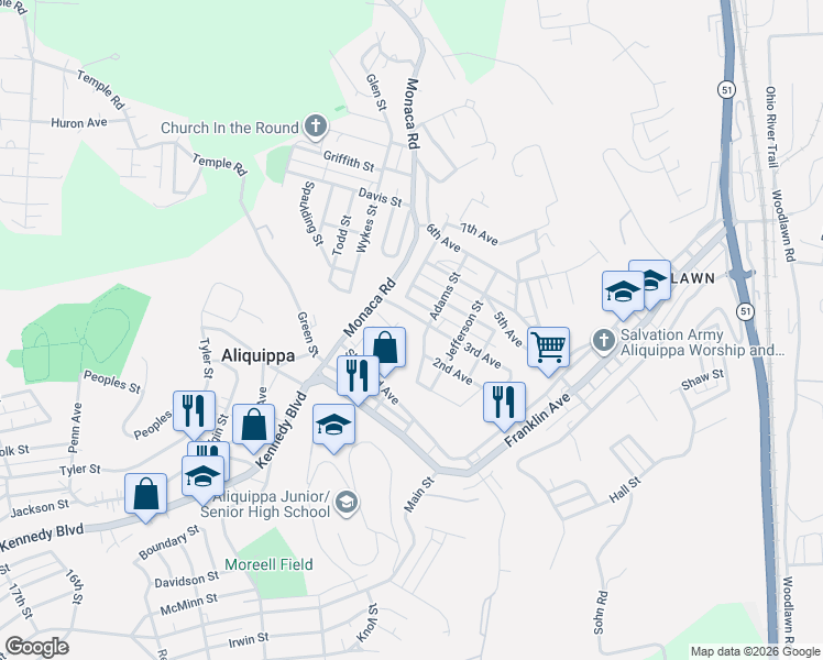map of restaurants, bars, coffee shops, grocery stores, and more near 314 3rd Avenue in Aliquippa