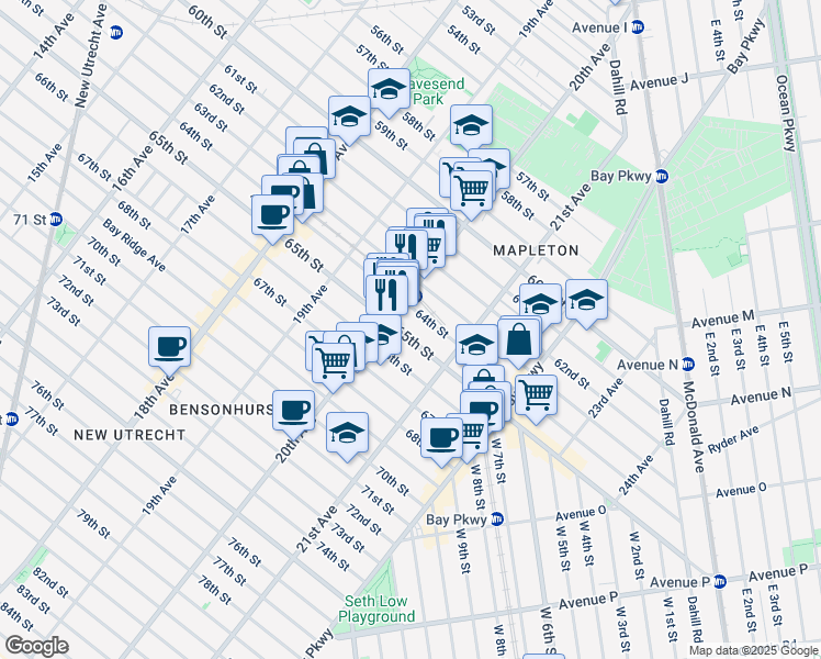 map of restaurants, bars, coffee shops, grocery stores, and more near 2023 65th Street in Brooklyn