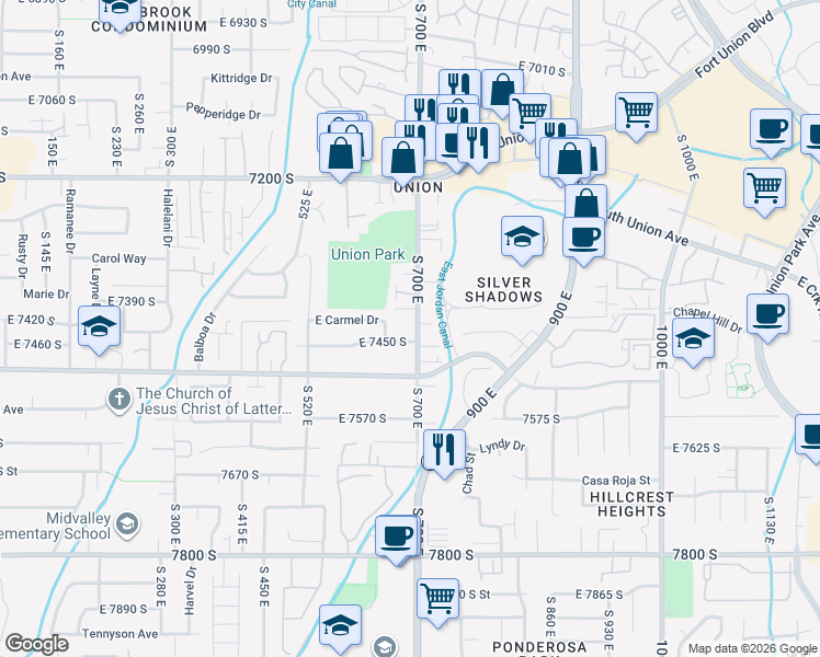 map of restaurants, bars, coffee shops, grocery stores, and more near 671 Union Pines Court in Midvale