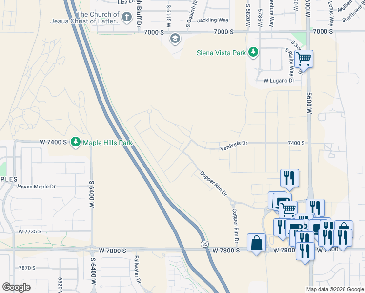 map of restaurants, bars, coffee shops, grocery stores, and more near 6059 West Olivine River Lane in West Jordan