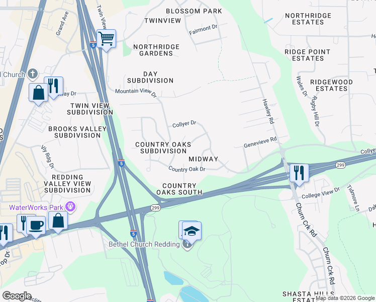 map of restaurants, bars, coffee shops, grocery stores, and more near 788 Metro Way in Redding