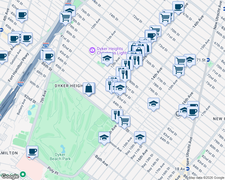 map of restaurants, bars, coffee shops, grocery stores, and more near 1232 82nd Street in Brooklyn