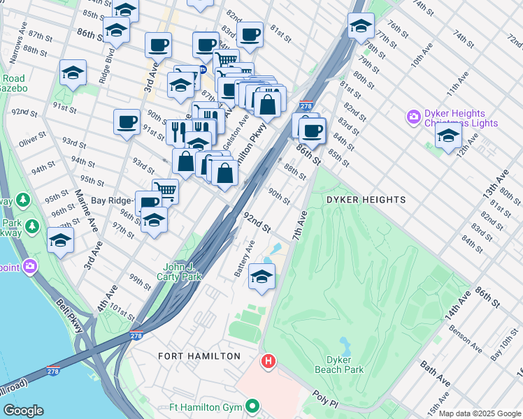 map of restaurants, bars, coffee shops, grocery stores, and more near 105 Dahlgren Place in Brooklyn