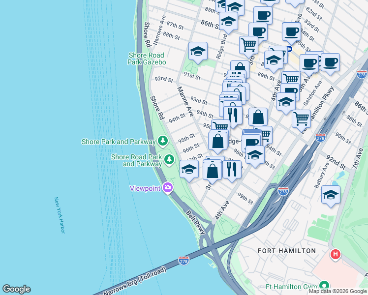 map of restaurants, bars, coffee shops, grocery stores, and more near 143 95th Street in Brooklyn