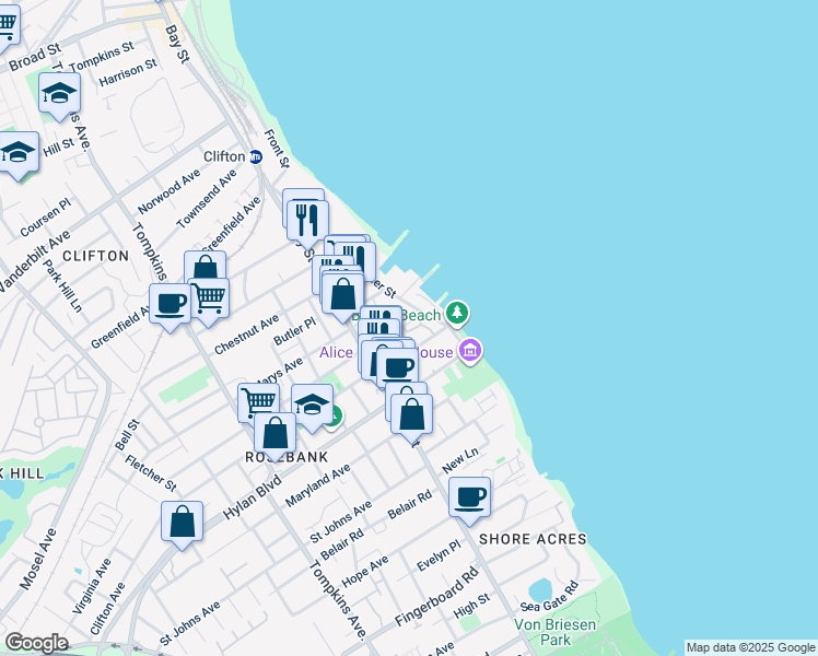 map of restaurants, bars, coffee shops, grocery stores, and more near 205 Edgewater Street in Staten Island