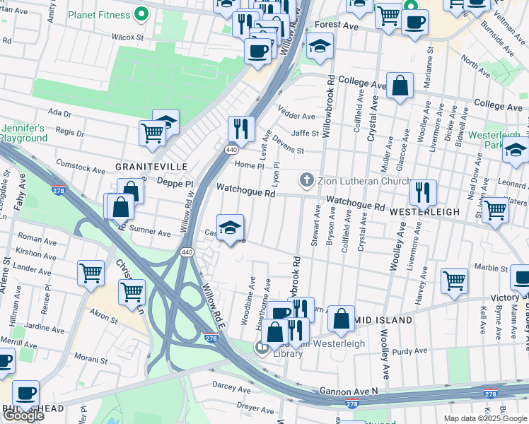 map of restaurants, bars, coffee shops, grocery stores, and more near 470 Watchogue Road in Staten Island