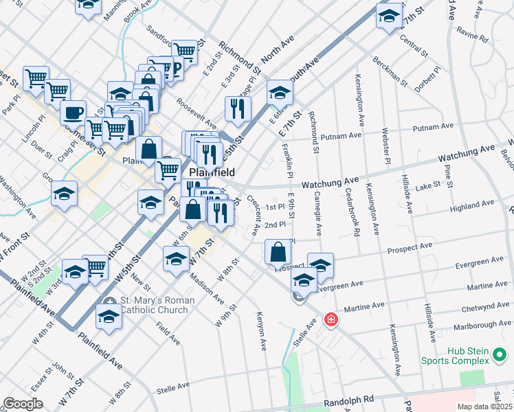 map of restaurants, bars, coffee shops, grocery stores, and more near 606 Crescent Avenue in Plainfield