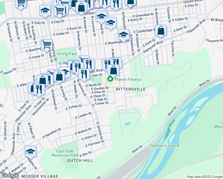 map of restaurants, bars, coffee shops, grocery stores, and more near 414 North Maxwell Street in Allentown