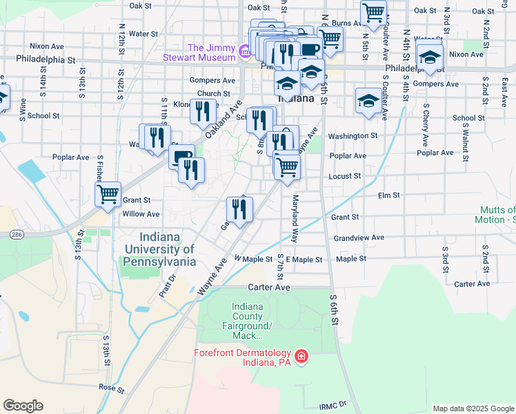 map of restaurants, bars, coffee shops, grocery stores, and more near 750 Locust Street in Indiana
