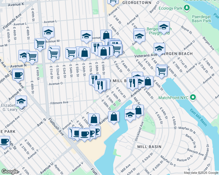 map of restaurants, bars, coffee shops, grocery stores, and more near 2502 Ralph Avenue in Brooklyn